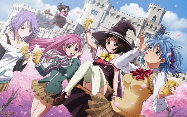 Anime picture 2560x1600 with rosario+vampire akashiya moka shirayuki mizore kurono kurumu sendo yukari toujou rubi long hair highres short hair open mouth blue eyes black hair wide image purple eyes multiple girls blue hair pink hair sky purple hair cloud (clouds)