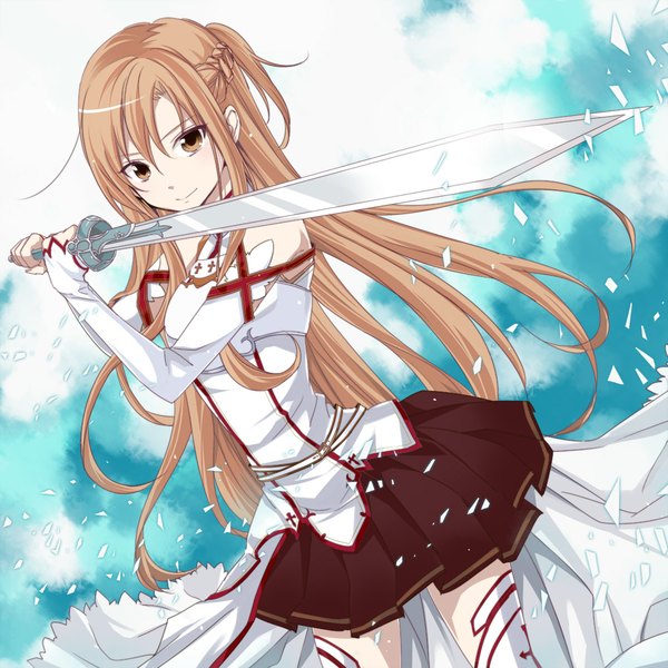 Anime picture 1151x1152 with sword art online a-1 pictures yuuki asuna kinopiyopiyo single long hair tall image looking at viewer brown hair brown eyes half updo girl thighhighs skirt weapon detached sleeves miniskirt petals white thighhighs sword