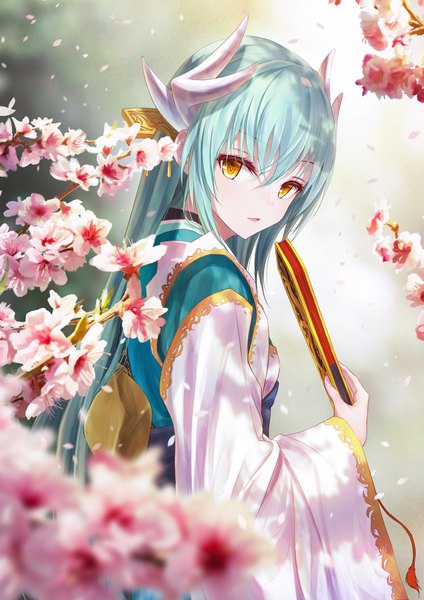 Anime picture 4960x7016 with fate (series) fate/grand order kiyohime (fate) bae.c single long hair tall image looking at viewer fringe highres open mouth hair between eyes standing holding yellow eyes payot absurdres traditional clothes japanese clothes horn (horns)