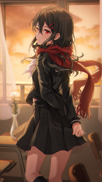Anime picture 1992x3558 with kagerou project shaft (studio) tateyama ayano tokkyu single long hair tall image looking at viewer fringe highres black hair smile hair between eyes red eyes standing indoors long sleeves pleated skirt looking back from behind