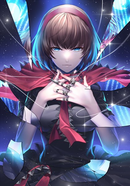 Anime picture 662x946 with touhou alice margatroid tsukimoto aoi tall image looking at viewer blush fringe short hair blue eyes brown hair lips short sleeves crossed arms girl dress ribbon (ribbons) hair ribbon jewelry cloak ring