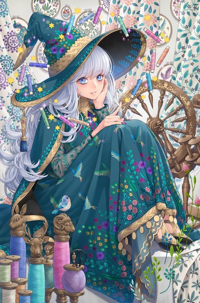 Anime picture 1200x1817 with original minami (minami373916) single long hair tall image looking at viewer blush fringe blue eyes smile hair between eyes sitting payot silver hair full body long sleeves nail polish parted lips fingernails sparkle