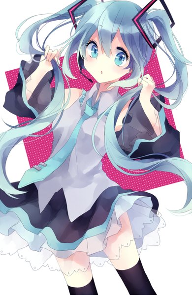 Anime picture 1023x1575 with vocaloid hatsune miku natyu hata single long hair tall image blush twintails bare shoulders parted lips aqua eyes aqua hair girl thighhighs skirt black thighhighs detached sleeves necktie
