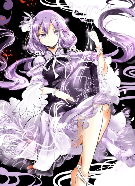 Anime picture 1000x1375 with touhou tsukumo benben shigureru single long hair tall image fringe smile twintails purple eyes purple hair long sleeves barefoot hair flower wide sleeves no shoes smoke girl dress hair ornament