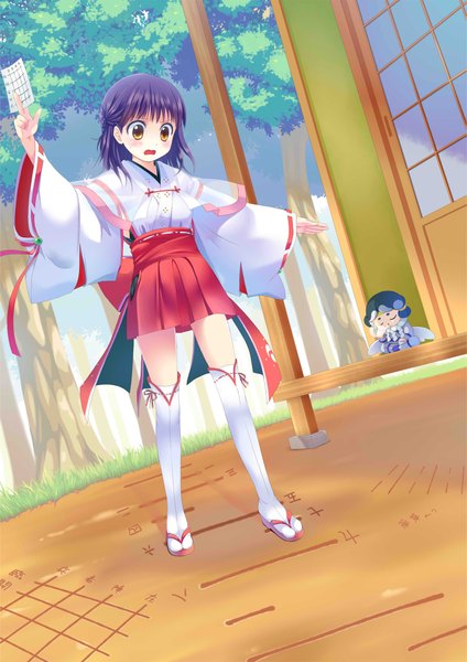 Anime picture 1447x2046 with original art jam tall image short hair brown eyes purple hair traditional clothes miko girl thighhighs plant (plants) white thighhighs tree (trees)