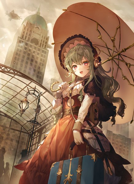 Anime-Bild 1200x1646 mit original kikugetsu long hair tall image looking at viewer blush fringe breasts open mouth smile hair between eyes red eyes standing holding cloud (clouds) outdoors long sleeves :d green hair sunlight