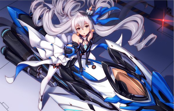 Anime picture 1558x999 with honkai impact 3rd honkai (series) bronya zaychik bronya zaychik (herrscher of reason) project bunny daidailong single long hair looking at viewer blush fringe open mouth hair between eyes sitting bare shoulders payot full body from above wind grey hair