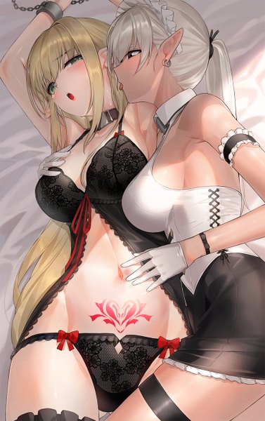 Anime picture 774x1230 with original kfr long hair tall image blush fringe breasts open mouth light erotic blonde hair hair between eyes large breasts multiple girls green eyes payot looking away cleavage silver hair ponytail lying