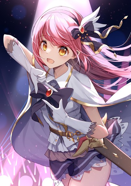 Anime picture 1000x1414 with princess connect! re:dive princess connect! hashimoto kanna (princess connect!) bison cangshu single long hair tall image looking at viewer fringe open mouth smile standing yellow eyes pink hair :d floating hair light sheathed girl skirt