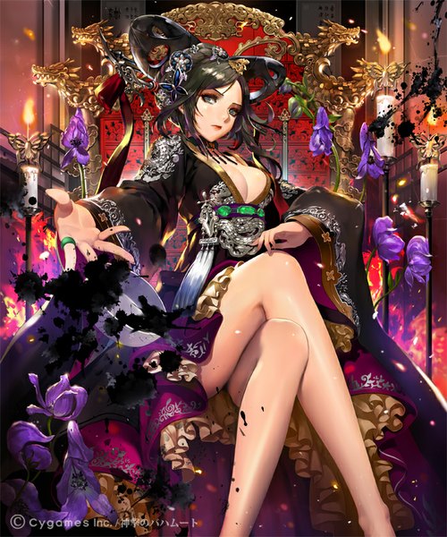 Anime picture 700x840 with shingeki no bahamut tob single tall image looking at viewer short hair breasts light erotic black hair large breasts sitting green eyes cleavage braid (braids) fingernails wind wide sleeves bare legs shiny skin crossed legs