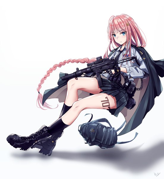 Anime picture 1200x1303 with original vvy single long hair tall image looking at viewer blush fringe blue eyes simple background white background holding pink hair bent knee (knees) braid (braids) pleated skirt single braid clothes on shoulders wavy mouth lace-up boots