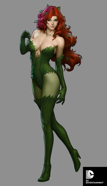 Anime picture 694x1200 with batman dc comics poison ivy artgerm (stanley lau) single long hair tall image breasts light erotic simple background bare shoulders green eyes full body red hair realistic grey background midriff girl gloves elbow gloves