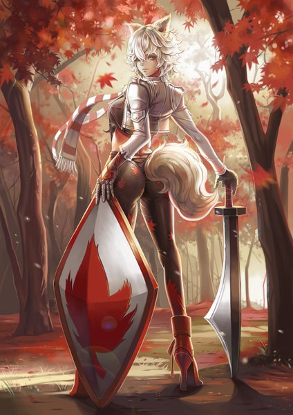 Anime picture 992x1404 with touhou inubashiri momiji dantewontdie single tall image looking at viewer short hair breasts light erotic standing holding animal ears ass white hair tail animal tail looking back light smile lips shadow
