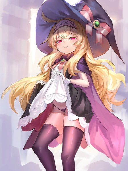 Anime picture 800x1067 with little witch nobeta nobeta fuyouchu single long hair tall image looking at viewer blush fringe light erotic blonde hair smile red eyes standing holding dress lift girl thighhighs dress gloves