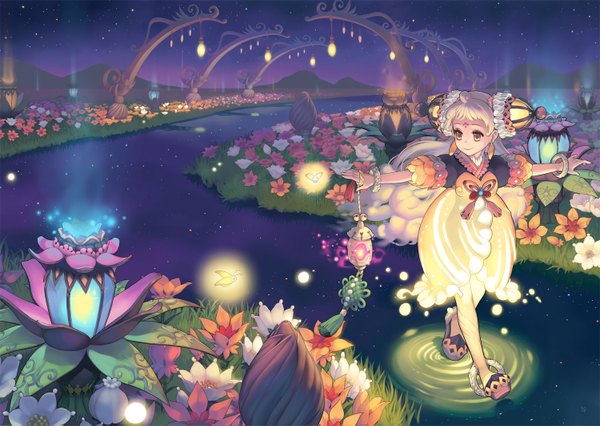 Anime picture 1500x1067 with original 1000marie single long hair blonde hair smile holding brown eyes sky night night sky glowing reflection spread arms mountain face paint girl dress hair ornament flower (flowers)