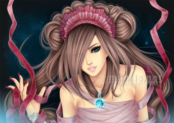 Anime picture 1200x848 with original m-aelis single long hair looking at viewer fringe blue eyes brown hair bare shoulders hair over one eye watermark naked ribbon girl dress hair ornament ribbon (ribbons) jewelry