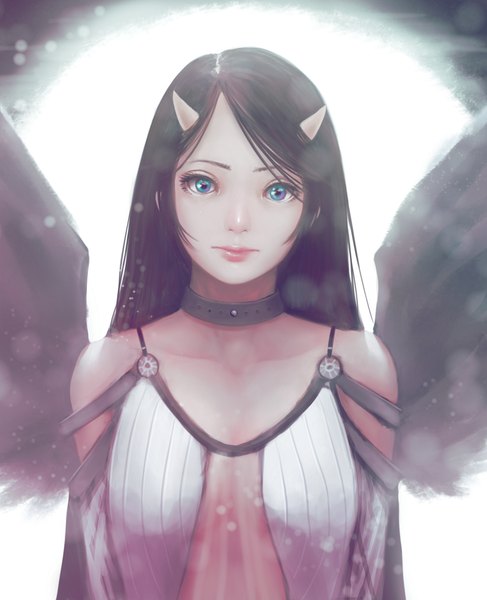Anime picture 1000x1232 with original banajune single long hair tall image looking at viewer blue eyes black hair bare shoulders horn (horns) lips black wings oni horns glow girl wings choker