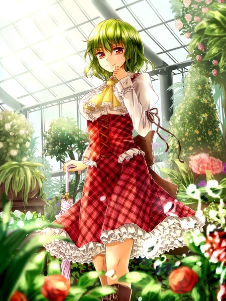 Anime picture 960x1280 with touhou kazami yuuka shironeko yuuki single tall image looking at viewer short hair red eyes green hair light smile plaid closed umbrella girl dress skirt flower (flowers) ribbon (ribbons) plant (plants) tree (trees) boots