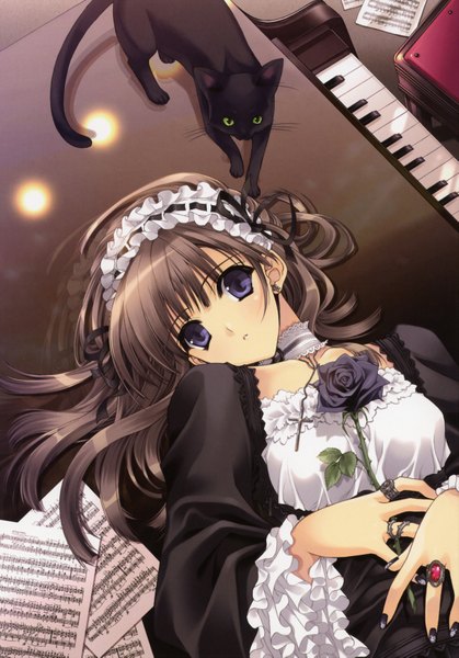 Anime picture 2437x3485 with original chronicle-suzuhira hiro artworks suzuhira hiro long hair tall image highres black hair purple eyes lying girl dress animal hairband cat paper musical note piano black rose