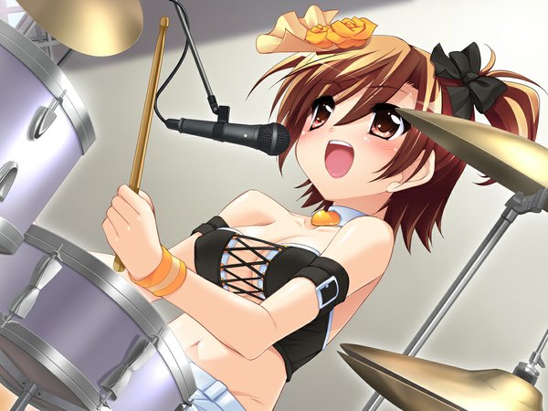 Anime picture 1024x768 with magical lyric (game) light erotic brown hair brown eyes game cg singing girl microphone