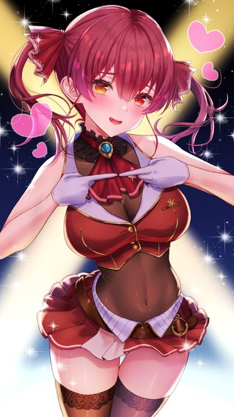 Anime picture 2160x3840 with virtual youtuber hololive houshou marine houshou marine (1st costume) mary is mine single long hair tall image blush fringe highres open mouth light erotic hair between eyes standing twintails red hair :d midriff sleeveless