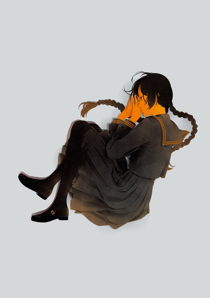 Anime picture 2893x4092 with original yuki. (artist) single long hair tall image highres simple background brown hair payot looking away full body bent knee (knees) lying braid (braids) long sleeves profile pleated skirt from above black eyes grey background