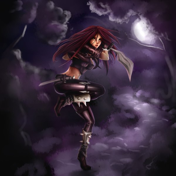 Anime picture 4000x4000 with league of legends katarina (league of legends) senryuji single long hair looking at viewer highres green eyes absurdres red hair midriff scar girl weapon moon full moon dagger