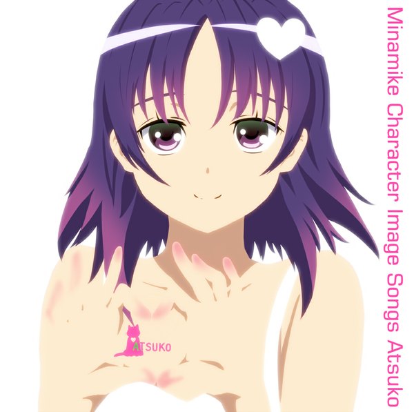 Anime picture 1054x1050 with minami-ke atsuko diesel-turbo single short hair simple background smile white background purple eyes purple hair heart hands girl