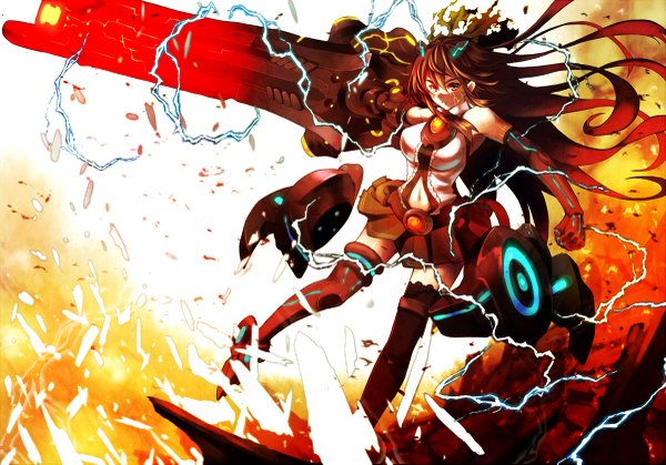 Anime picture 1200x839 with touhou reiuji utsuho sumisu (mondo) single long hair red eyes brown hair bare shoulders electricity arm cannon girl gloves navel weapon elbow gloves huge weapon