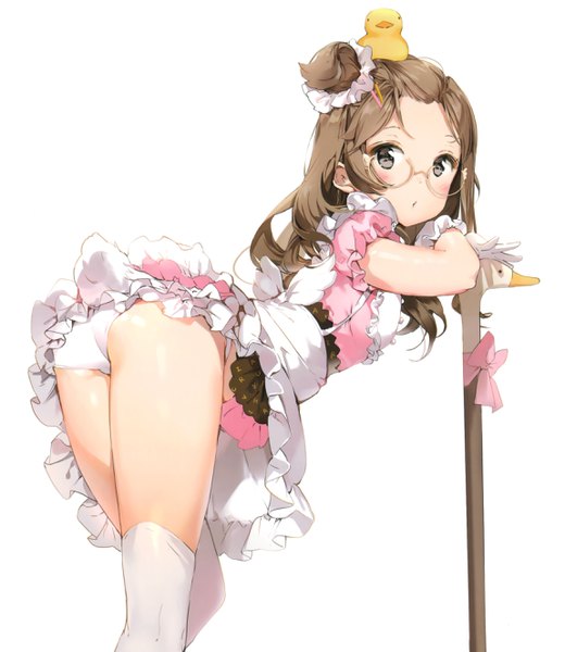 Anime picture 2300x2650 with anmi single long hair tall image looking at viewer blush highres light erotic simple background brown hair white background brown eyes payot bent knee (knees) ass tail animal tail looking back short sleeves leaning