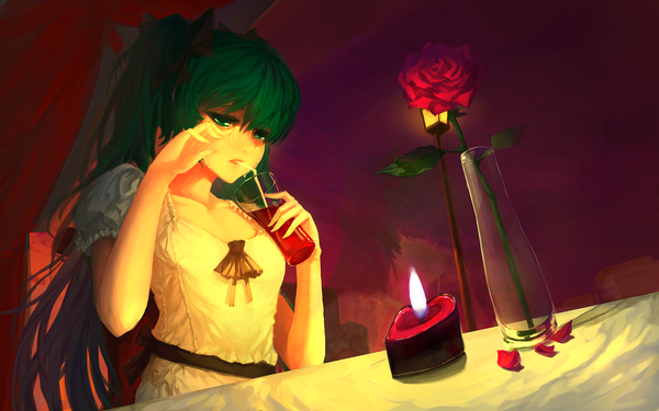 Anime picture 2600x1625 with vocaloid hatsune miku blackrabbitsoul single long hair highres wide image green eyes green hair tears girl dress flower (flowers) rose (roses) red rose candle (candles)