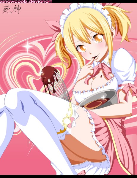 Anime picture 900x1170 with fairy tail lucy heartfilia xsnowcoolx single tall image blush short hair breasts light erotic blonde hair smile twintails yellow eyes maid coloring finger to mouth short twintails pink background girl thighhighs