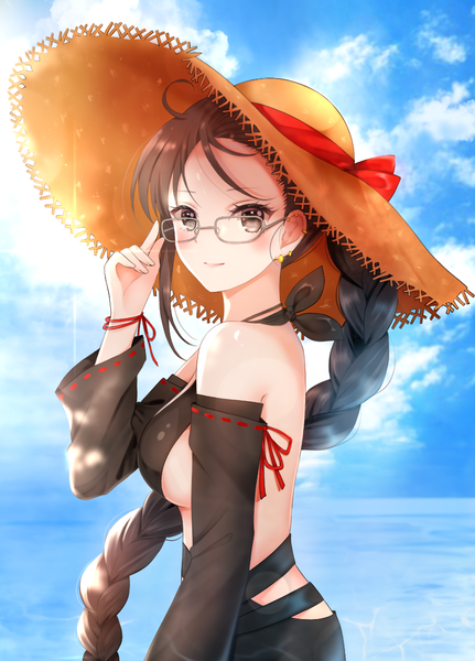 Anime picture 829x1153 with fate (series) fate/grand order yu mei-ren (fate) nasii single long hair tall image looking at viewer blush fringe breasts light erotic smile brown hair standing bare shoulders brown eyes sky cloud (clouds) upper body