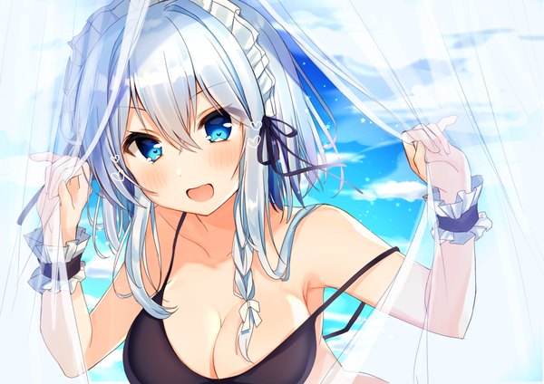 Anime picture 4093x2894 with touhou izayoi sakuya nenobi (nenorium) single long hair looking at viewer blush fringe highres breasts open mouth blue eyes light erotic smile hair between eyes bare shoulders absurdres sky cleavage silver hair