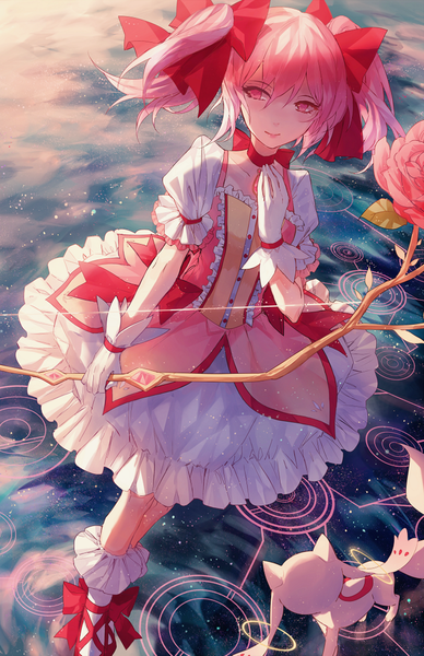 Anime picture 800x1236 with mahou shoujo madoka magica shaft (studio) kaname madoka kyuubee kane (kanekiru) tall image fringe short hair twintails holding looking away pink hair pink eyes puffy sleeves magic short twintails frilled dress magical girl girl dress