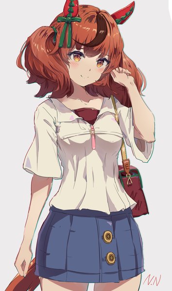Anime picture 1719x2916 with umamusume nice nature (umamusume) jsscj single tall image blush highres short hair simple background smile brown hair standing twintails brown eyes animal ears looking away tail animal tail multicolored hair grey background