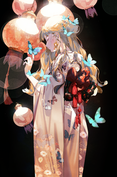 Anime picture 1326x2000 with original shiomi (lowrise) single long hair tall image fringe simple background blonde hair standing eyes closed traditional clothes japanese clothes profile from behind wide sleeves hair bun (hair buns) lens flare floral print black background animal print