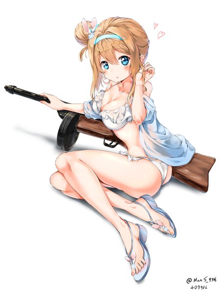 Anime picture 3226x4301 with girls frontline suomi kp31 (girls frontline) hans (artist) single long hair tall image looking at viewer blush fringe highres breasts light erotic simple background blonde hair hair between eyes white background sitting bare shoulders holding signed