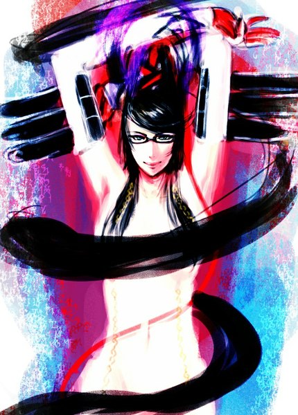 Anime picture 606x846 with bayonetta bayonetta (character) seitsuji single tall image looking at viewer fringe light erotic black hair standing green eyes very long hair censored nude arms up bare belly armpit (armpits) lipstick crossed arms pink background