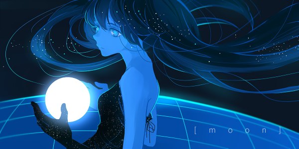 Anime picture 1200x600 with original ajimita single long hair fringe blue eyes wide image bare shoulders blue hair looking away looking back inscription text bare back english glow girl dress gloves black gloves