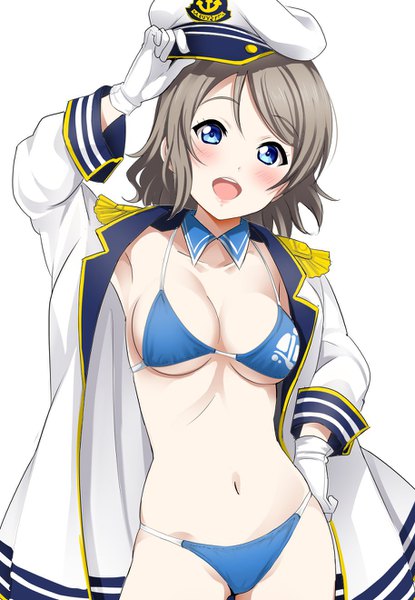 Anime picture 914x1320 with love live! sunshine!! sunrise (studio) love live! watanabe you rozen5 single tall image looking at viewer blush fringe short hair breasts open mouth blue eyes light erotic simple background smile hair between eyes large breasts standing