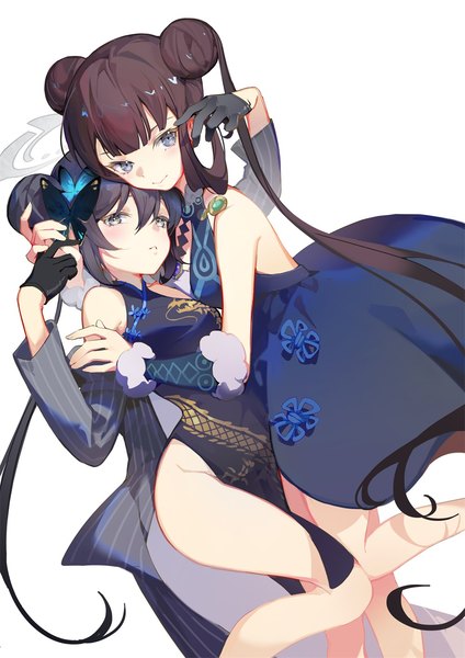 Anime-Bild 1000x1414 mit fate (series) fate/grand order blue archive yang guifei (fate) kisaki (blue archive) indai (3330425) long hair tall image looking at viewer fringe light erotic black hair simple background hair between eyes brown hair white background twintails multiple girls traditional clothes grey eyes