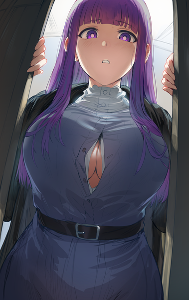 Anime picture 4466x7065 with sousou no frieren fern (sousou no frieren) hews single long hair tall image looking at viewer blush fringe highres breasts light erotic large breasts standing purple eyes absurdres purple hair upper body indoors blunt bangs