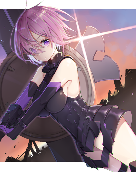 Anime picture 800x1009 with fate (series) fate/grand order mash kyrielight ion (on01e) single tall image fringe short hair breasts light erotic purple eyes looking away purple hair hair over one eye girl armor shield