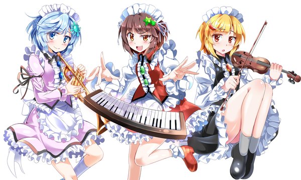 Anime picture 4095x2443 with touhou lunasa prismriver lyrica prismriver merlin prismriver e.o. looking at viewer blush highres short hair open mouth blue eyes simple background blonde hair smile red eyes brown hair wide image white background multiple girls brown eyes