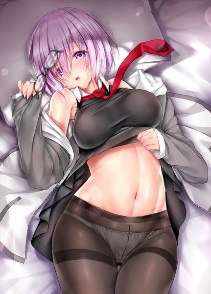 Anime picture 1323x1839 with fate (series) fate/grand order mash kyrielight blue gk single tall image looking at viewer blush fringe short hair breasts open mouth light erotic large breasts purple eyes pink hair lying long sleeves fingernails hair over one eye