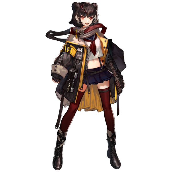 Anime-Bild 1024x1024 mit arknights leto (arknights) skade single long hair open mouth black hair red eyes standing animal ears full body :d pleated skirt multicolored hair open jacket official art midriff streaked hair text low ponytail