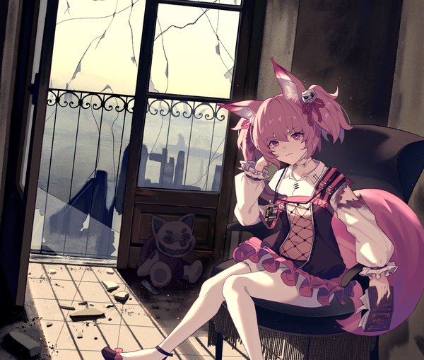 Anime picture 1320x1120 with arknights shamare (arknights) morte (arknights) nihnfinite8 single looking at viewer fringe short hair hair between eyes sitting twintails holding animal ears pink hair indoors tail nail polish animal tail pink eyes short twintails