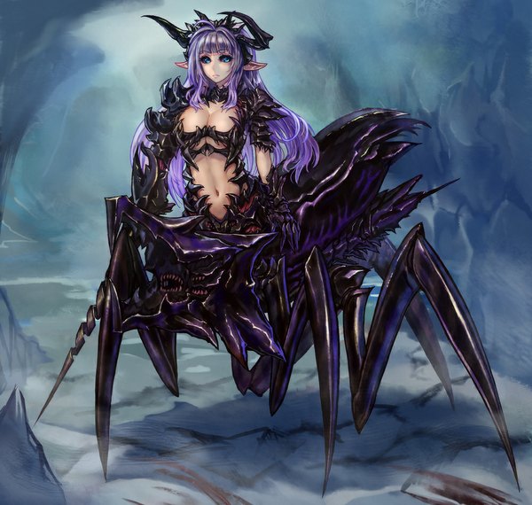 Anime picture 1000x950 with starship troopers chikokuma single long hair breasts blue eyes light erotic large breasts cleavage purple hair horn (horns) pointy ears monster girl girl navel insect