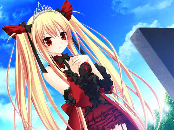 Anime picture 1600x1200 with bloody rondo (game) luna freed queen makita maki single long hair blush blonde hair red eyes twintails bare shoulders looking away game cg loli girl dress bow ribbon (ribbons) detached sleeves tiara